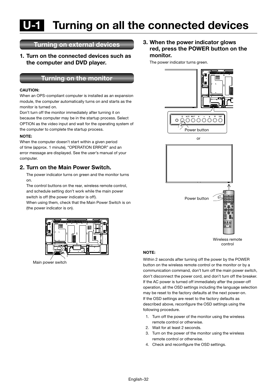 U-1 turning on all the connected devices, Turning on external devices, Turning on the monitor | Turn on the main power switch | MITSUBISHI ELECTRIC MDT552S User Manual | Page 36 / 404