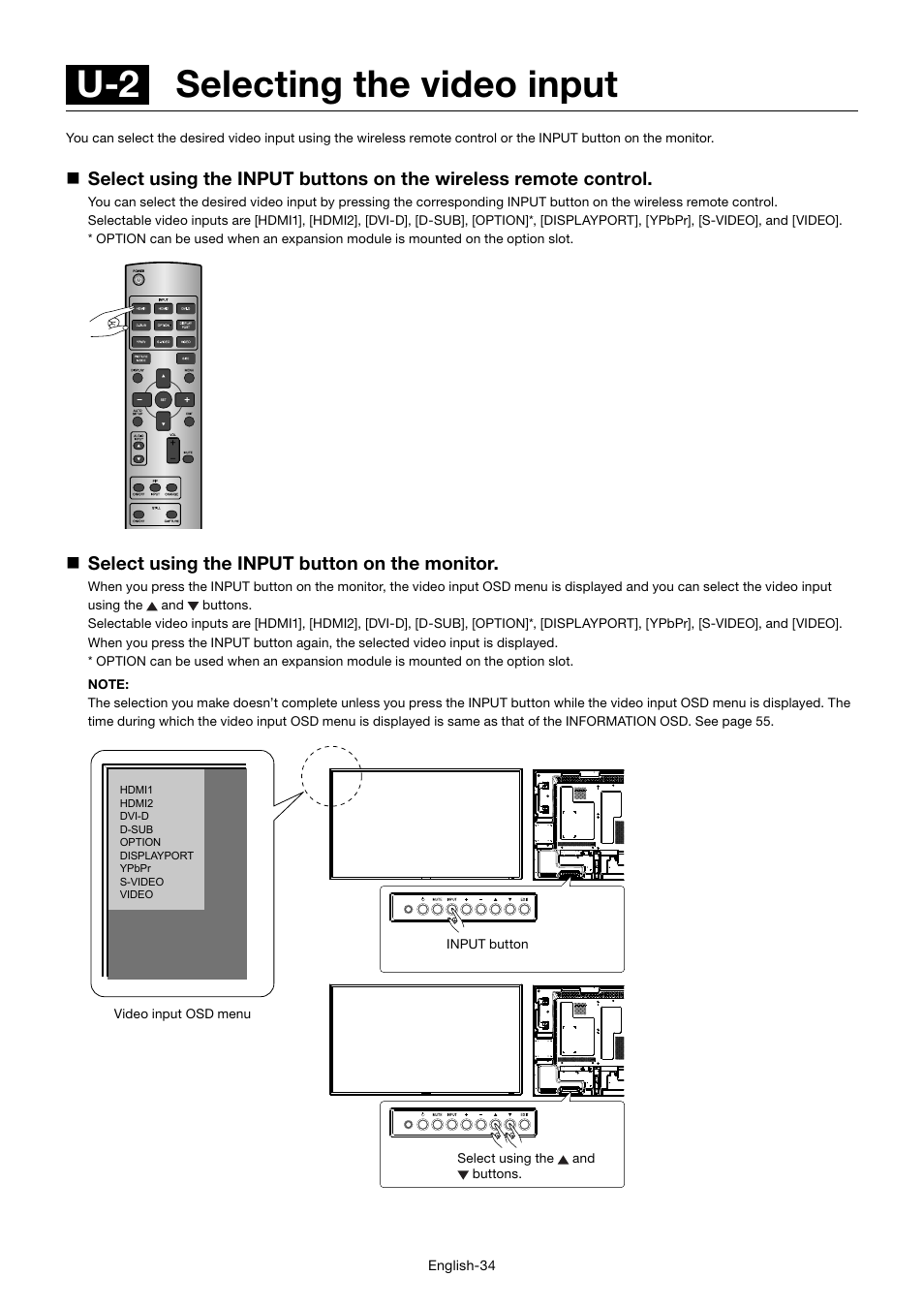 U-2 selecting the video input, Select using the input button on the monitor | MITSUBISHI ELECTRIC MDT552S User Manual | Page 38 / 404