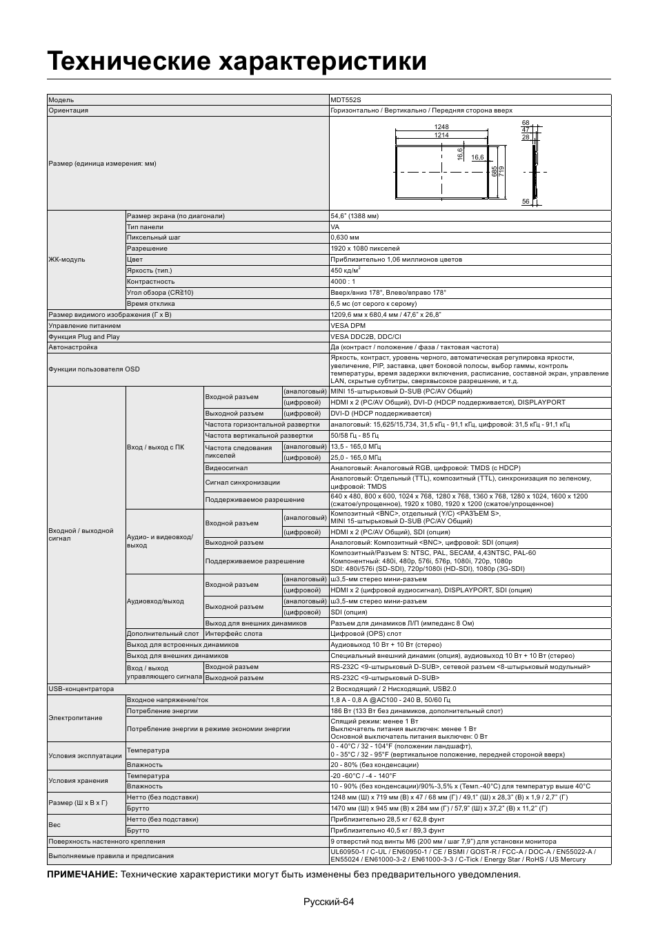 Технические характеристики, Русский-64 | MITSUBISHI ELECTRIC MDT552S User Manual | Page 398 / 404