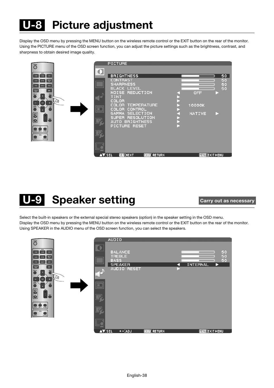 U-9 speaker setting, U-8 picture adjustment | MITSUBISHI ELECTRIC MDT552S User Manual | Page 42 / 404