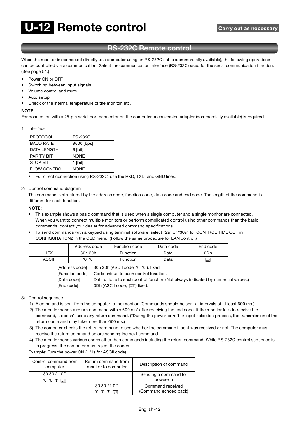 U-12 remote control, Rs-232c remote control | MITSUBISHI ELECTRIC MDT552S User Manual | Page 46 / 404