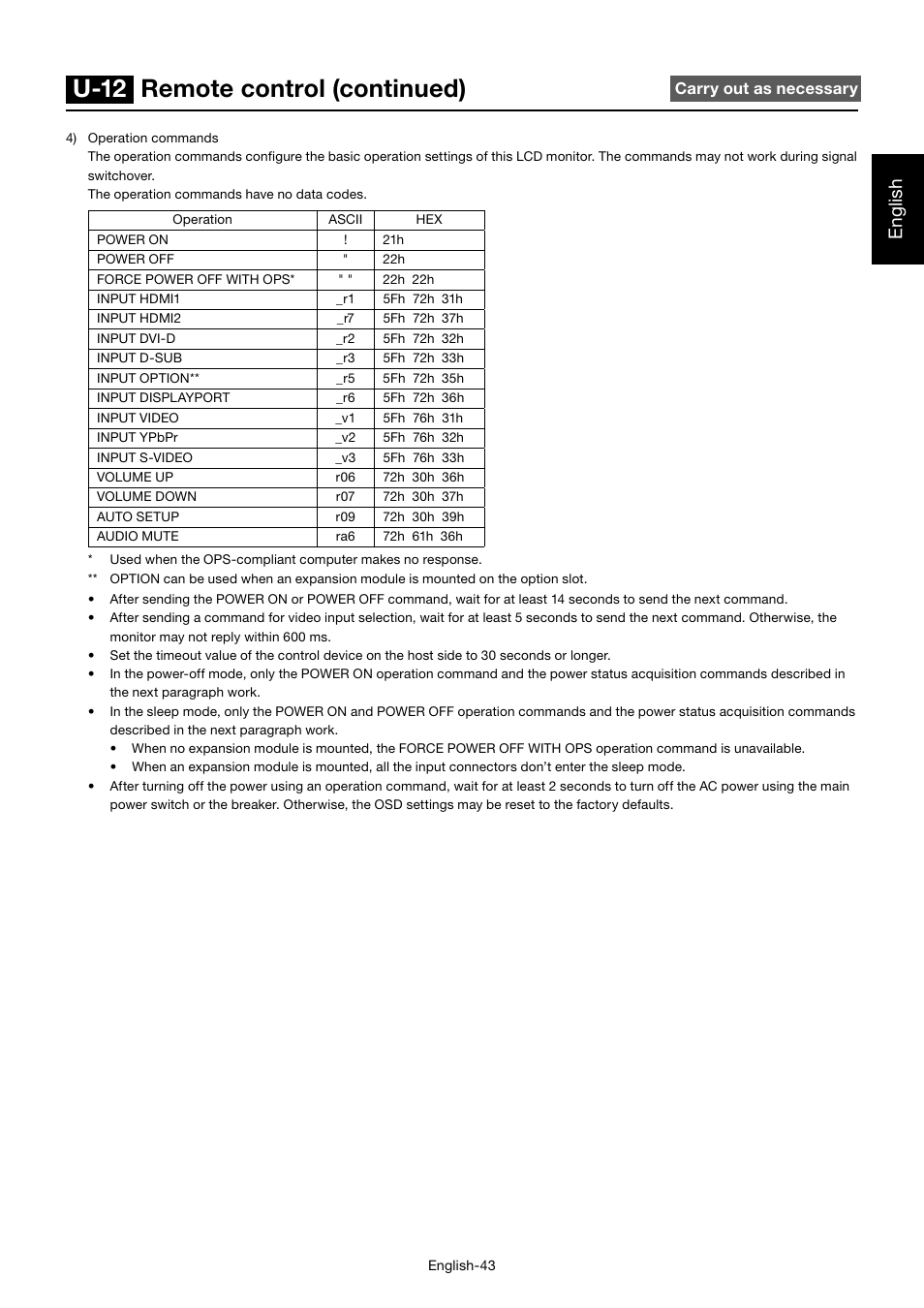 U-12 remote control (continued), English | MITSUBISHI ELECTRIC MDT552S User Manual | Page 47 / 404