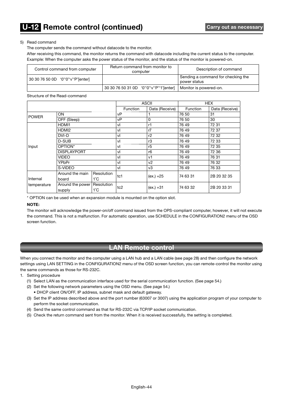 U-12 remote control (continued), Lan remote control | MITSUBISHI ELECTRIC MDT552S User Manual | Page 48 / 404