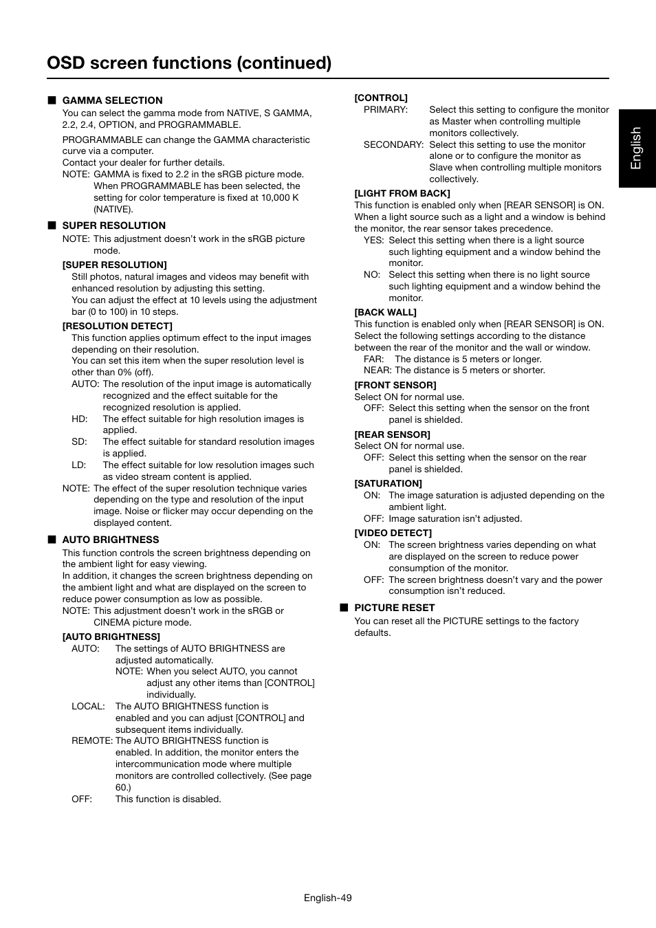 Osd screen functions (continued), English | MITSUBISHI ELECTRIC MDT552S User Manual | Page 53 / 404