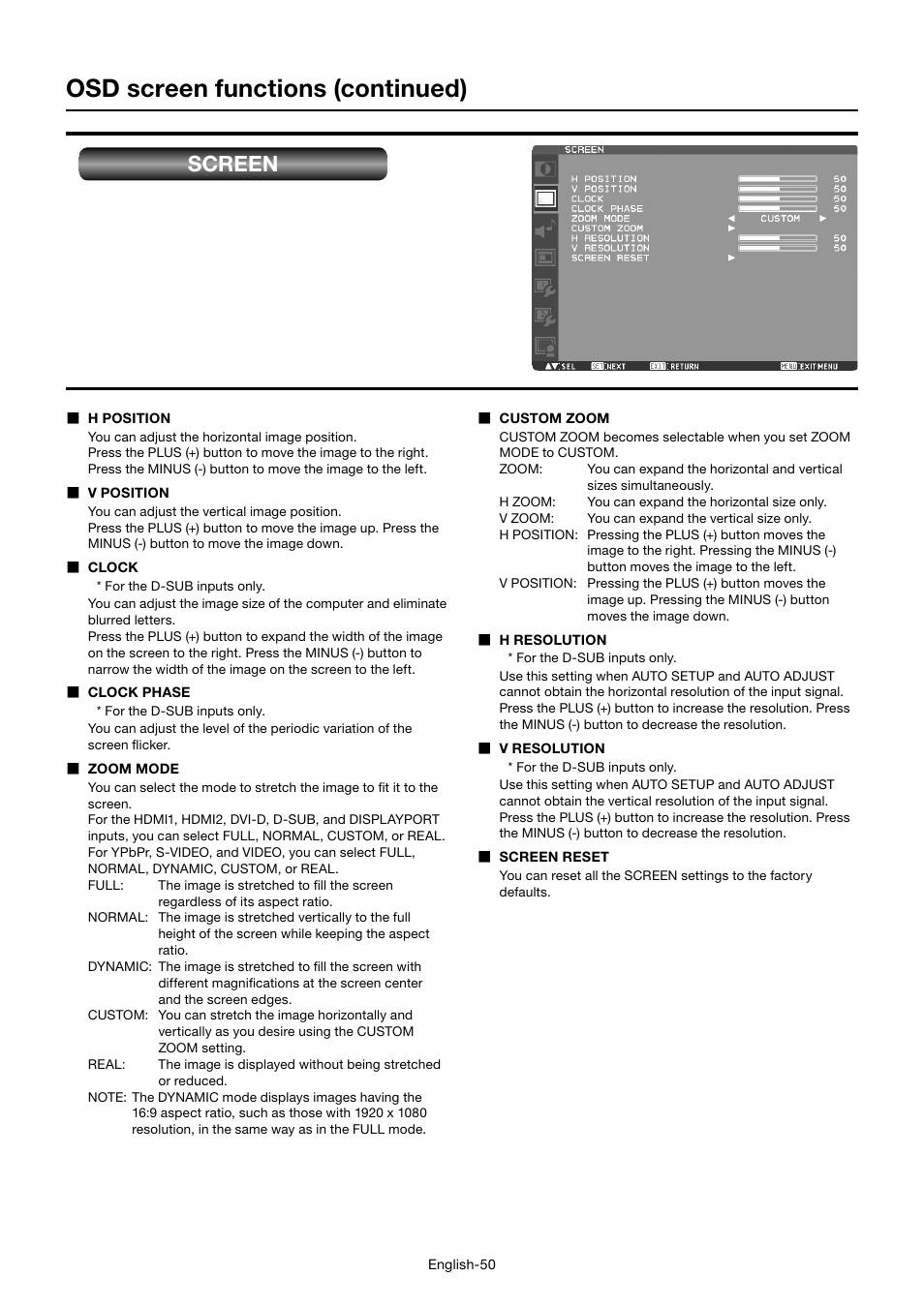 Osd screen functions (continued), Screen | MITSUBISHI ELECTRIC MDT552S User Manual | Page 54 / 404