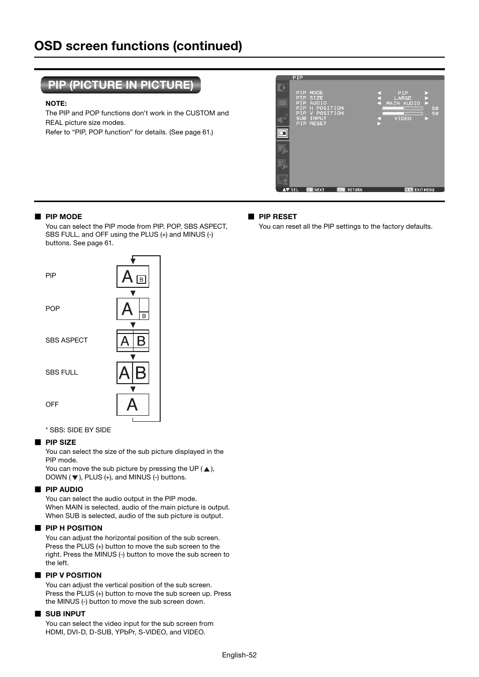 Osd screen functions (continued), Pip (picture in picture) | MITSUBISHI ELECTRIC MDT552S User Manual | Page 56 / 404