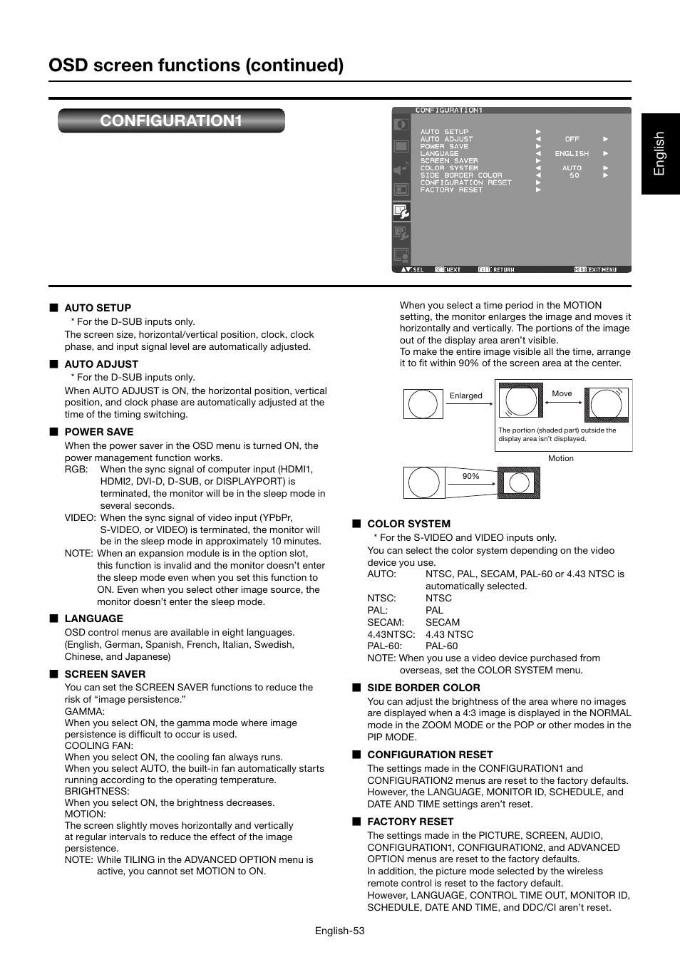 Osd screen functions (continued), Configuration1, English | MITSUBISHI ELECTRIC MDT552S User Manual | Page 57 / 404