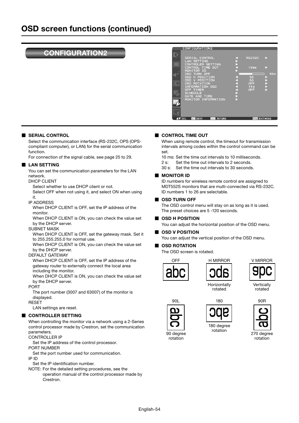 Osd screen functions (continued), Configuration2 | MITSUBISHI ELECTRIC MDT552S User Manual | Page 58 / 404