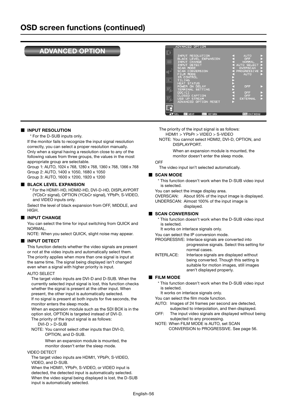 Osd screen functions (continued), Advanced option | MITSUBISHI ELECTRIC MDT552S User Manual | Page 60 / 404