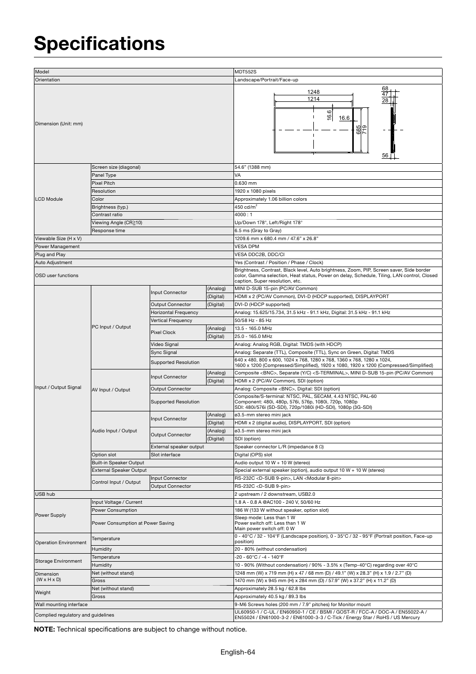 Specifi cations, English-64 | MITSUBISHI ELECTRIC MDT552S User Manual | Page 68 / 404