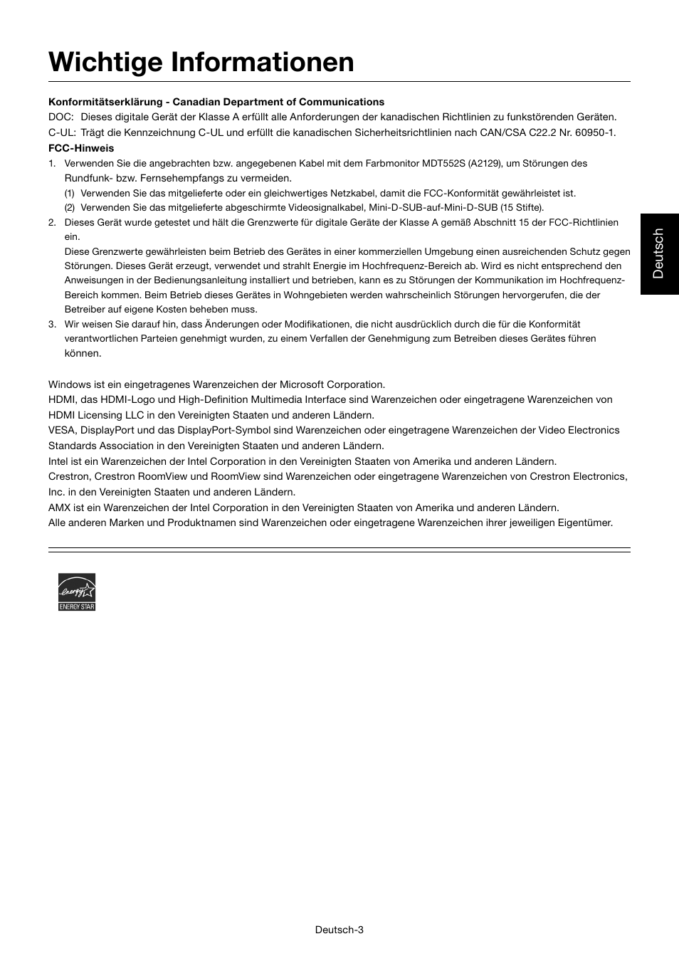 Wichtige informationen, Deutsch | MITSUBISHI ELECTRIC MDT552S User Manual | Page 73 / 404