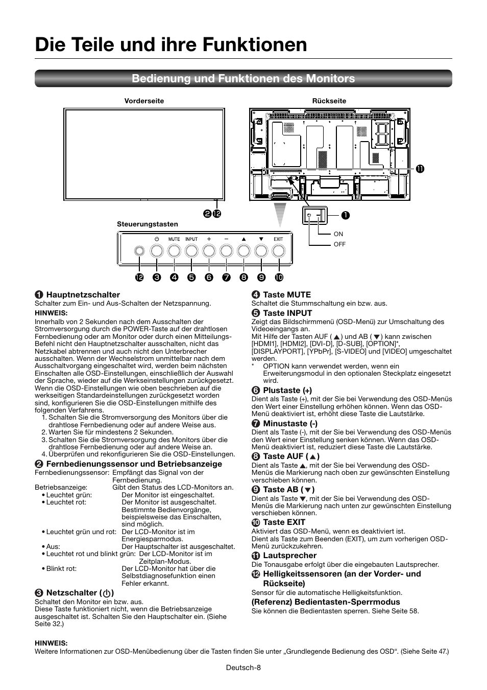 Die teile und ihre funktionen, Bedienung und funktionen des monitors | MITSUBISHI ELECTRIC MDT552S User Manual | Page 78 / 404