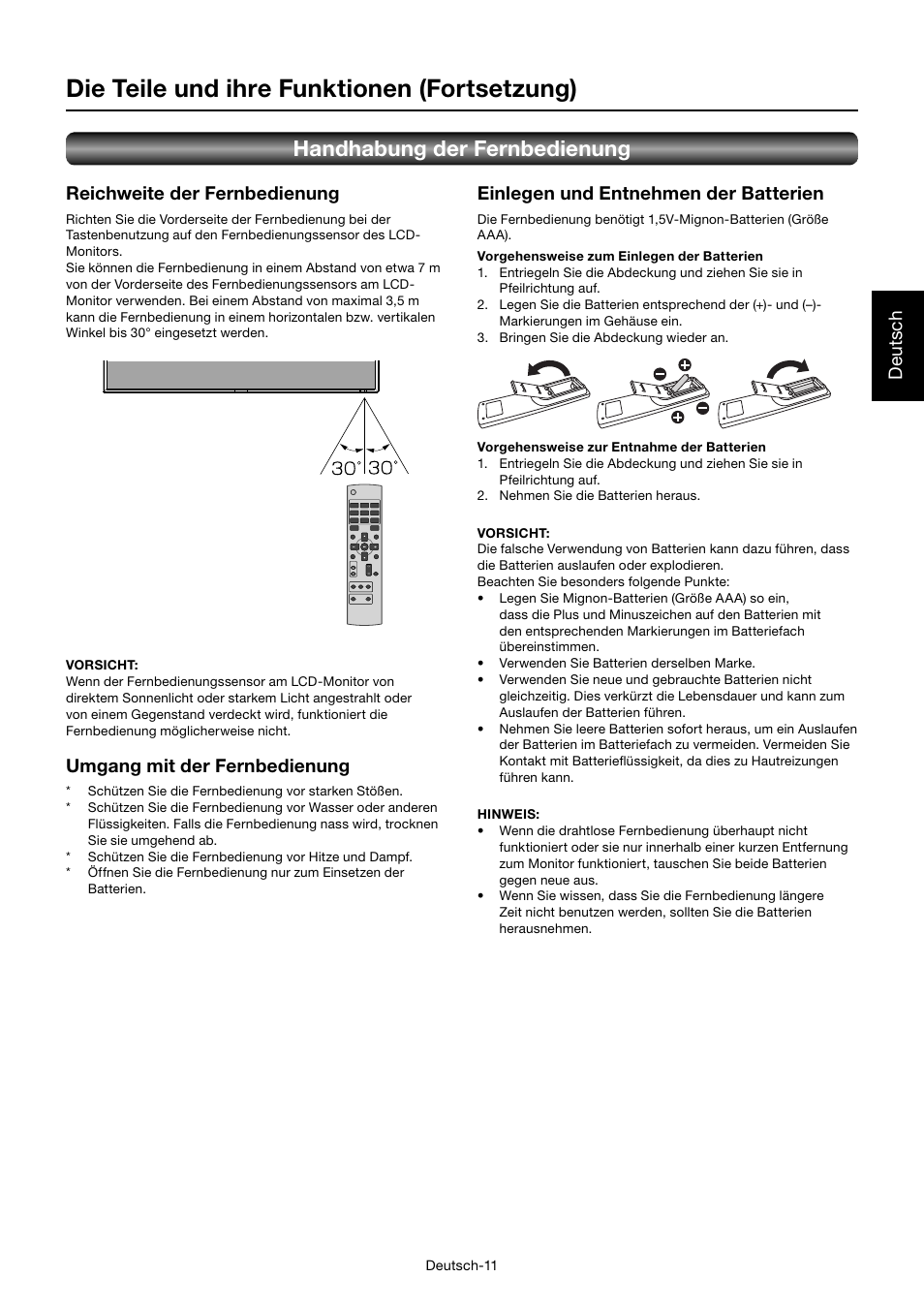 Die teile und ihre funktionen (fortsetzung), Handhabung der fernbedienung, Deutsch reichweite der fernbedienung | Umgang mit der fernbedienung, Einlegen und entnehmen der batterien | MITSUBISHI ELECTRIC MDT552S User Manual | Page 81 / 404