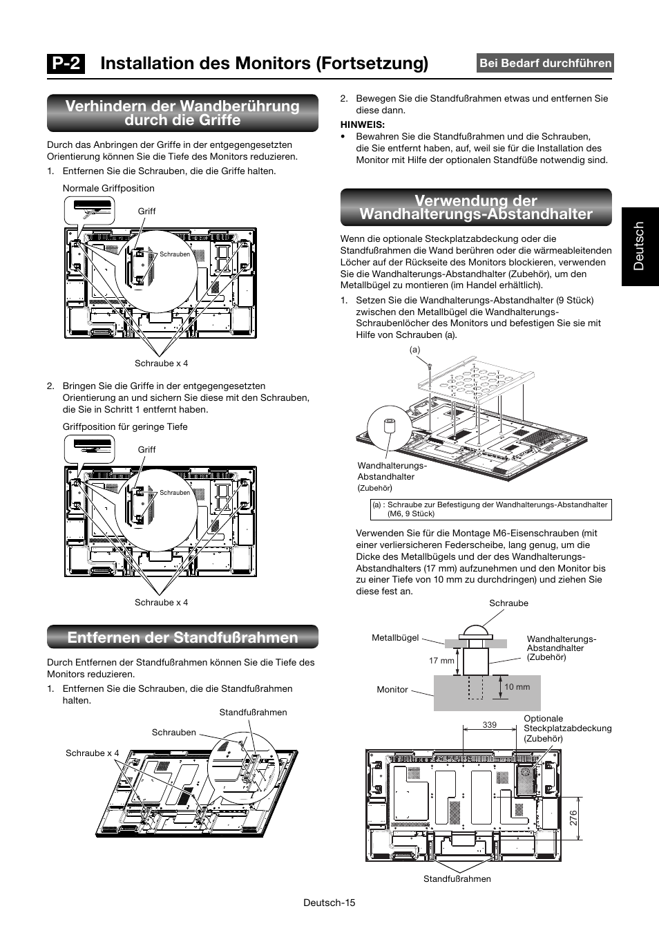 P-2 installation des monitors (fortsetzung), Verhindern der wandberührung durch die griffe, Entfernen der standfußrahmen | Verwendung der wandhalterungs-abstandhalter, Deutsch | MITSUBISHI ELECTRIC MDT552S User Manual | Page 85 / 404