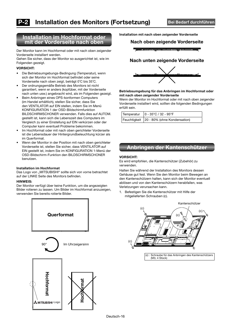 P-2 installation des monitors (fortsetzung), Anbringen der kantenschützer, Ho chf o rmat ho chf o rmat | Querformat | MITSUBISHI ELECTRIC MDT552S User Manual | Page 86 / 404