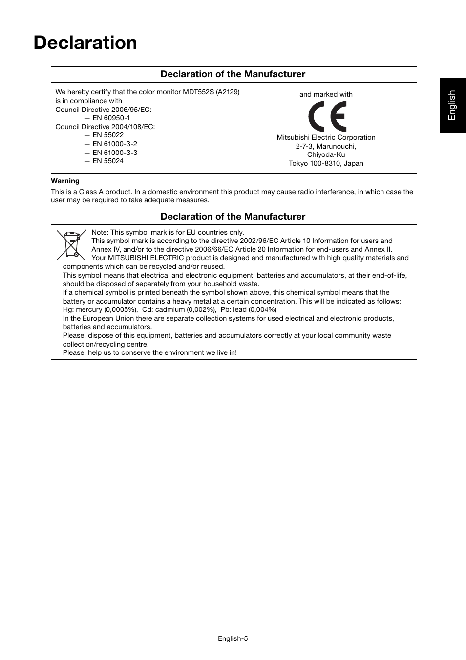 Declaration | MITSUBISHI ELECTRIC MDT552S User Manual | Page 9 / 404