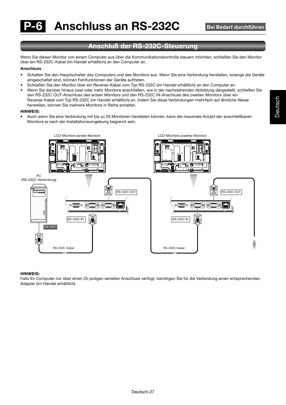 P-6 anschluss an rs-232c, Anschluß der rs-232c-steuerung, Deutsch | MITSUBISHI ELECTRIC MDT552S User Manual | Page 97 / 404