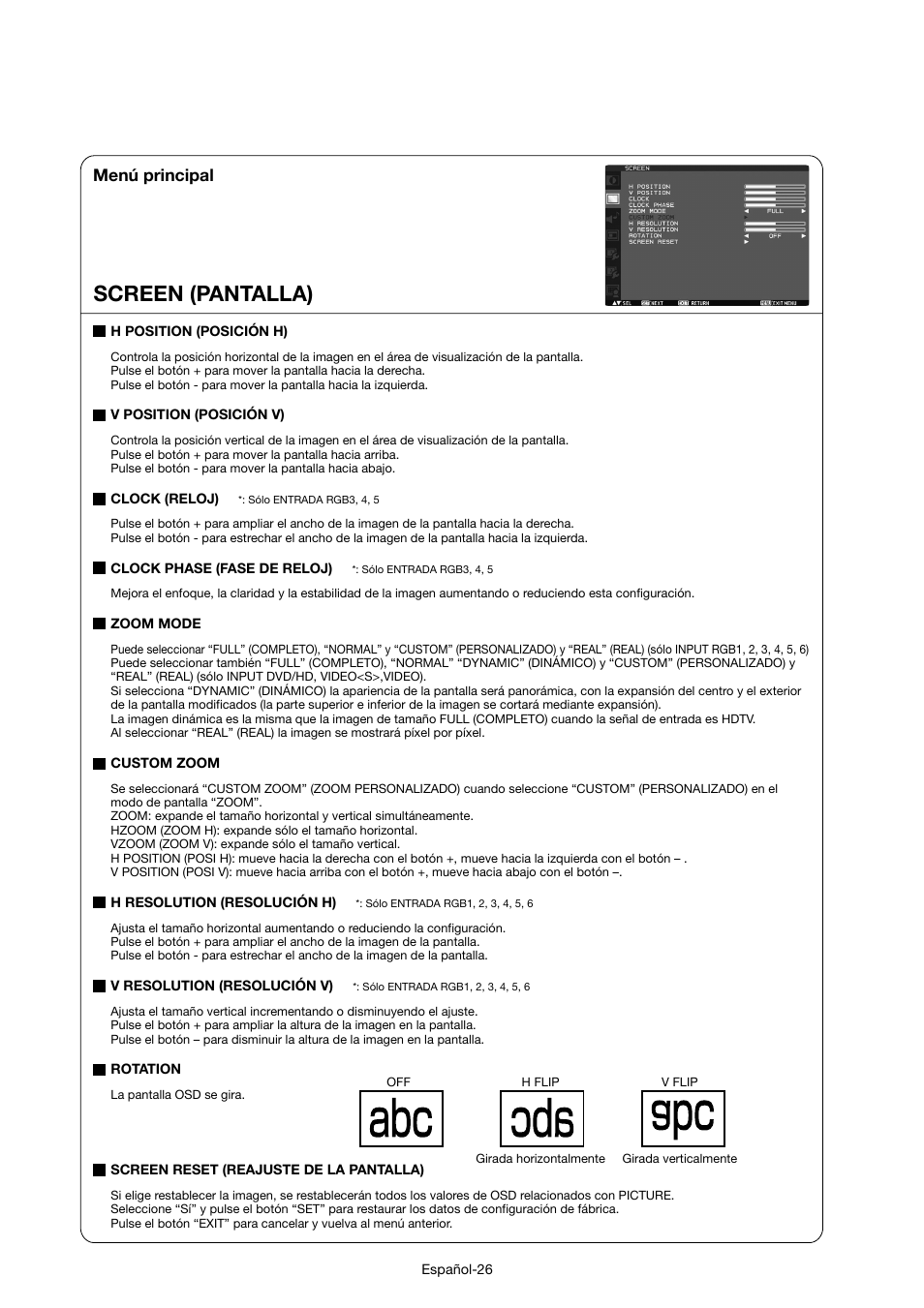 Screen (pantalla), Menú principal | MITSUBISHI ELECTRIC MDT421S User Manual | Page 114 / 300