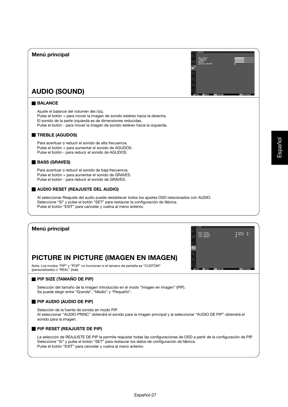 Audio (sound), Picture in picture (imagen en imagen), Español | MITSUBISHI ELECTRIC MDT421S User Manual | Page 115 / 300