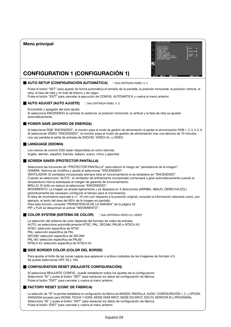 Configuration 1 (configuración 1), Menú principal | MITSUBISHI ELECTRIC MDT421S User Manual | Page 116 / 300