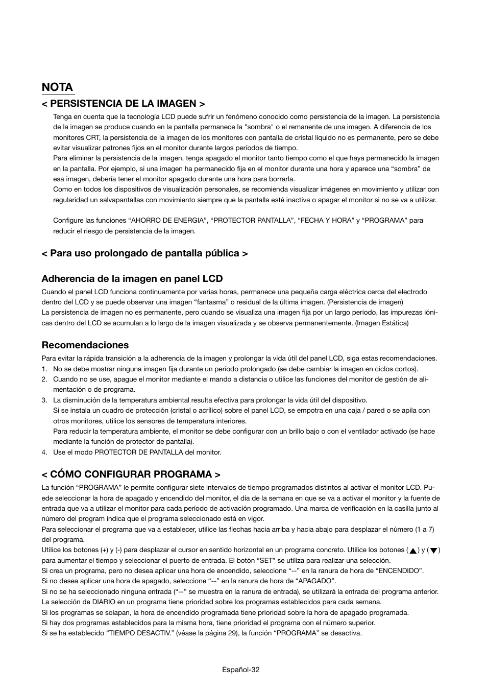 Nota, Persistencia de la imagen, Recomendaciones | Cómo configurar programa | MITSUBISHI ELECTRIC MDT421S User Manual | Page 120 / 300