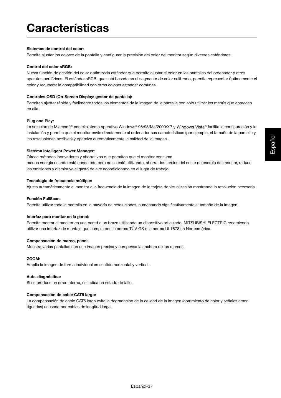 Características, Español | MITSUBISHI ELECTRIC MDT421S User Manual | Page 125 / 300