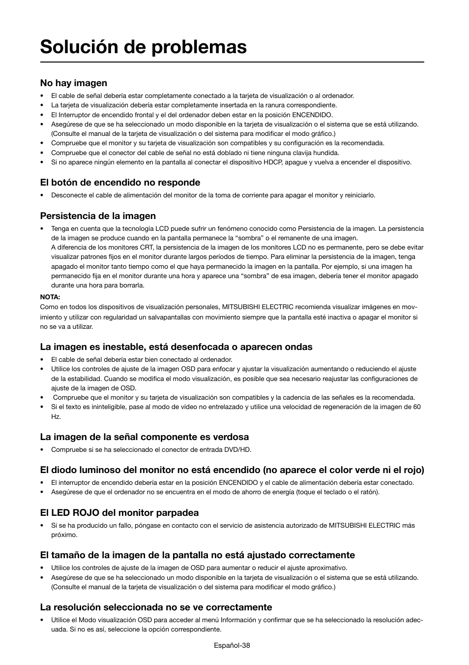 Solución de problemas, No hay imagen, El botón de encendido no responde | Persistencia de la imagen, La imagen de la señal componente es verdosa, El led rojo del monitor parpadea, La resolución seleccionada no se ve correctamente | MITSUBISHI ELECTRIC MDT421S User Manual | Page 126 / 300