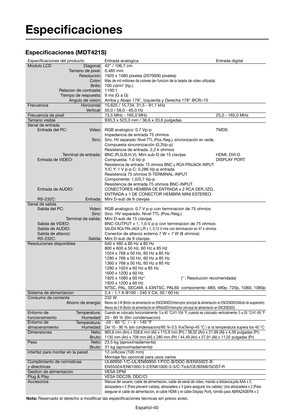 Especifi caciones, Especifi caciones (mdt421s) | MITSUBISHI ELECTRIC MDT421S User Manual | Page 128 / 300