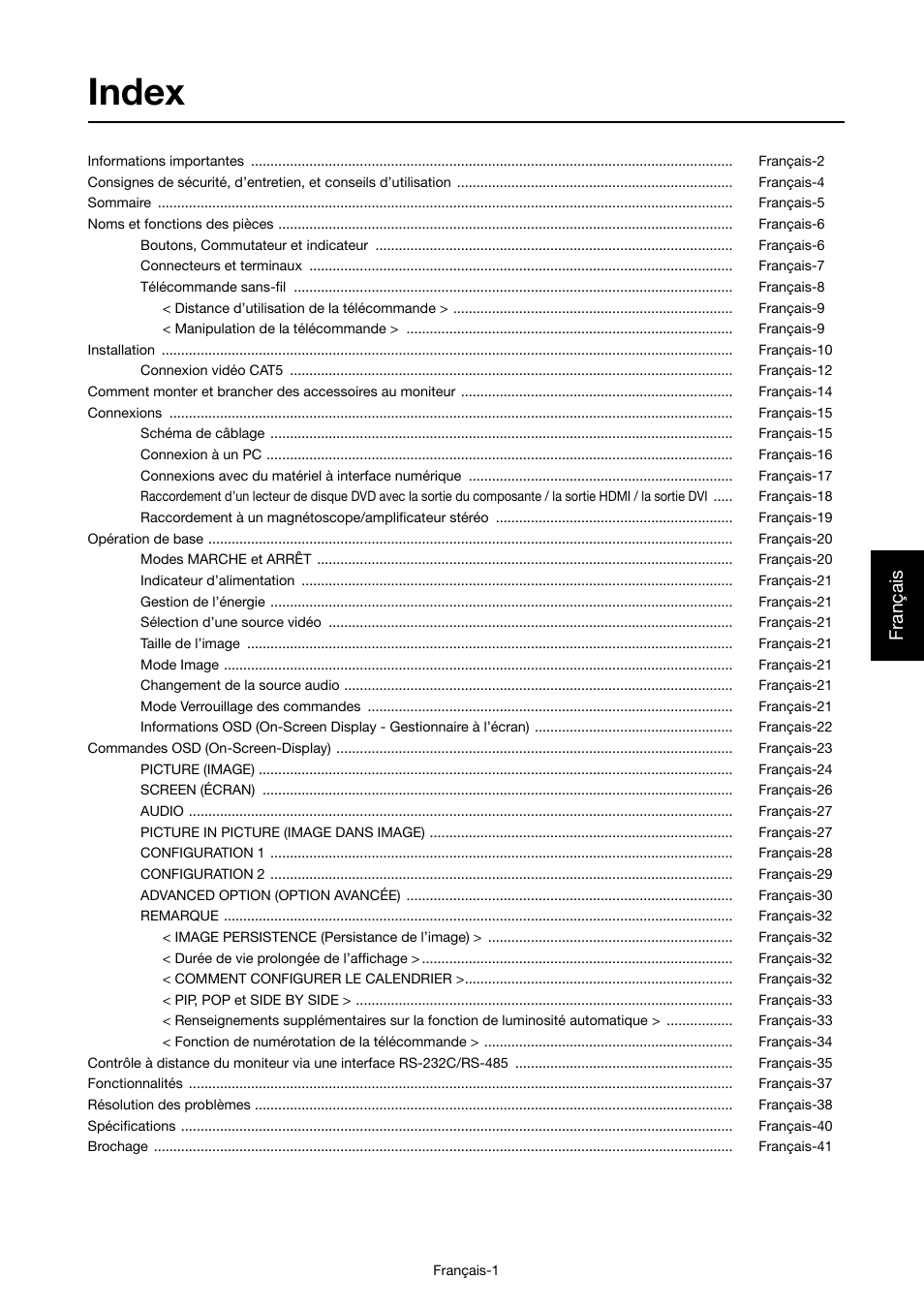 Index, Français | MITSUBISHI ELECTRIC MDT421S User Manual | Page 131 / 300