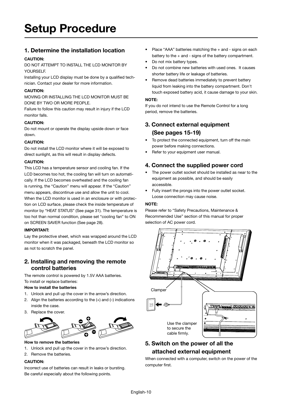 Setup procedure, Determine the installation location, Connect external equipment (see pages 15-19) | Connect the supplied power cord | MITSUBISHI ELECTRIC MDT421S User Manual | Page 14 / 300