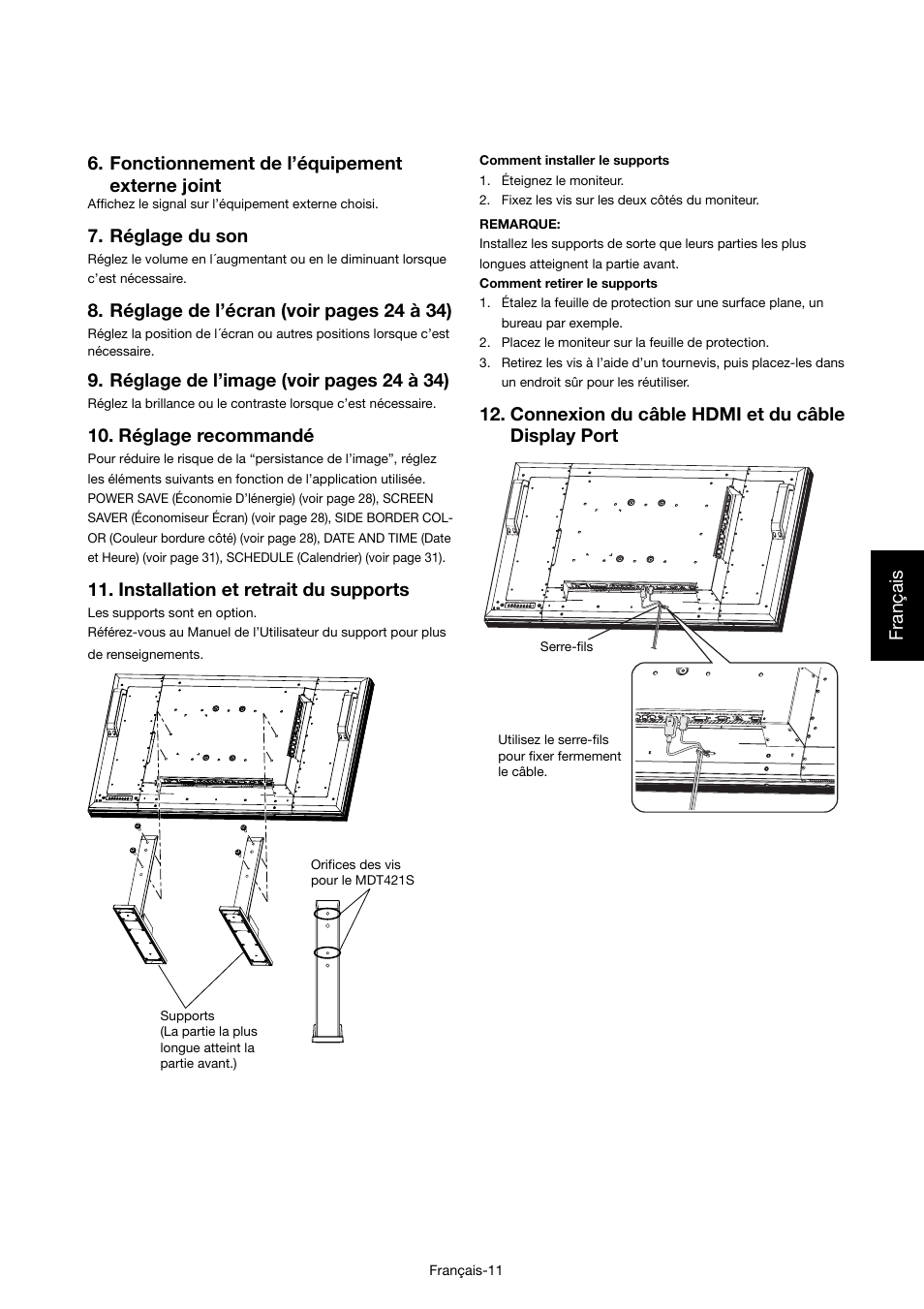 Réglage du son, Réglage de l’écran (voir pages 24 à 34), Réglage de l’image (voir pages 24 à 34) | Réglage recommandé, Installation et retrait du supports, Connexion du câble hdmi et du câble display port | MITSUBISHI ELECTRIC MDT421S User Manual | Page 141 / 300