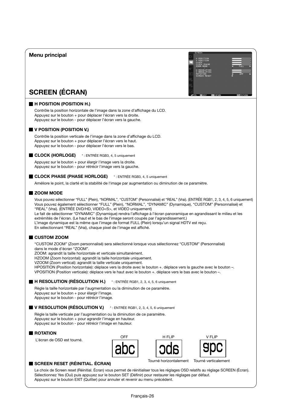 Screen (écran), Menu principal | MITSUBISHI ELECTRIC MDT421S User Manual | Page 156 / 300