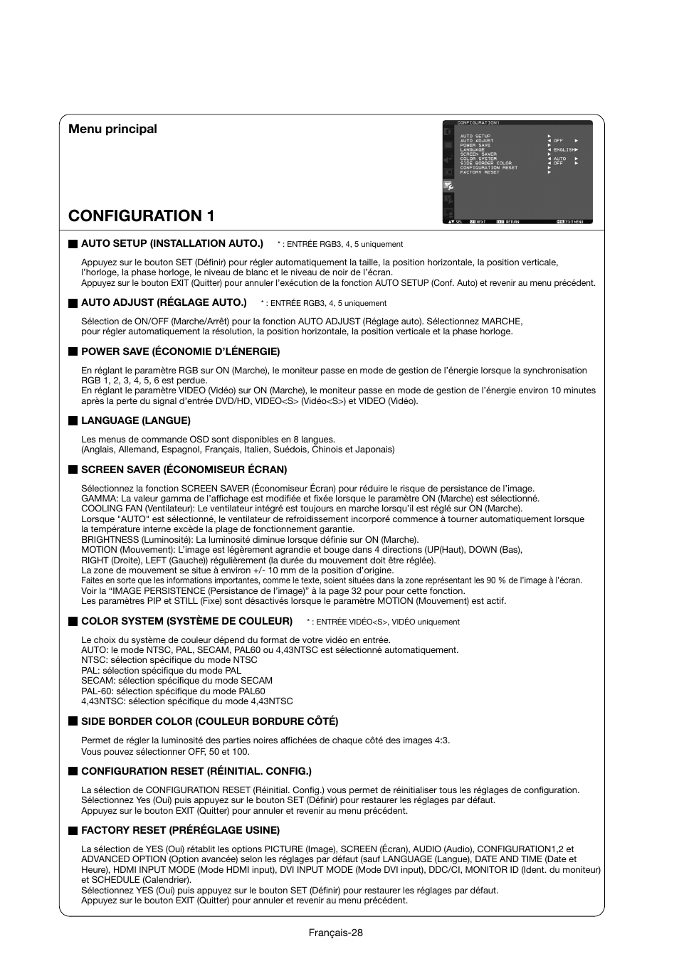 Configuration 1, Menu principal | MITSUBISHI ELECTRIC MDT421S User Manual | Page 158 / 300