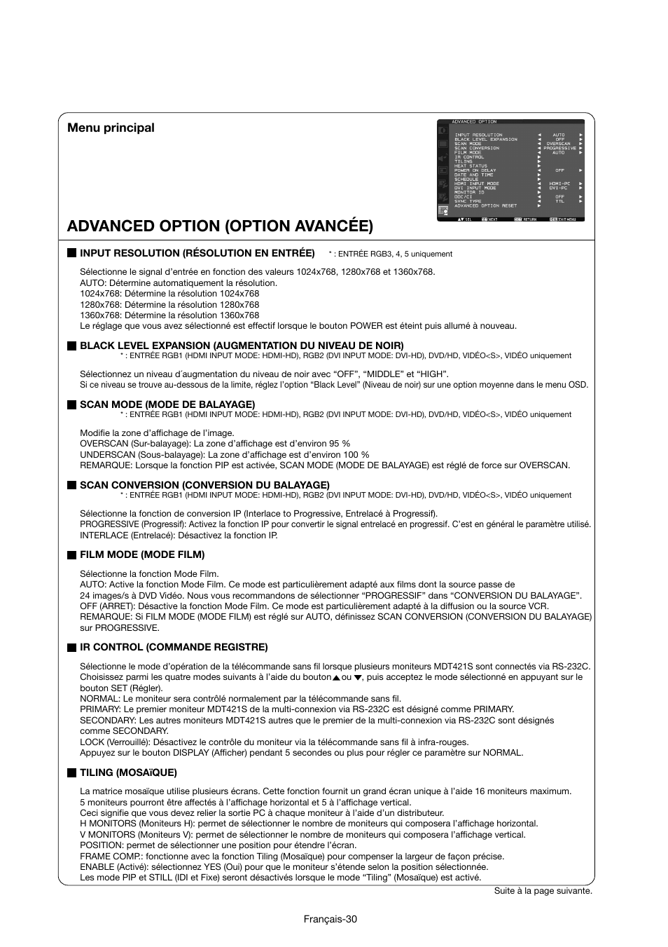 Advanced option (option avancée), Menu principal | MITSUBISHI ELECTRIC MDT421S User Manual | Page 160 / 300