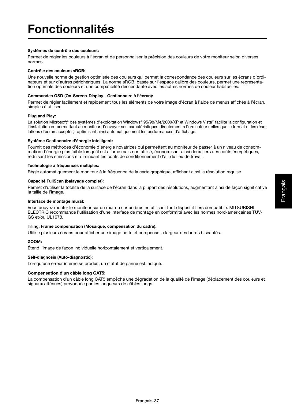 Fonctionnalités, Français | MITSUBISHI ELECTRIC MDT421S User Manual | Page 167 / 300