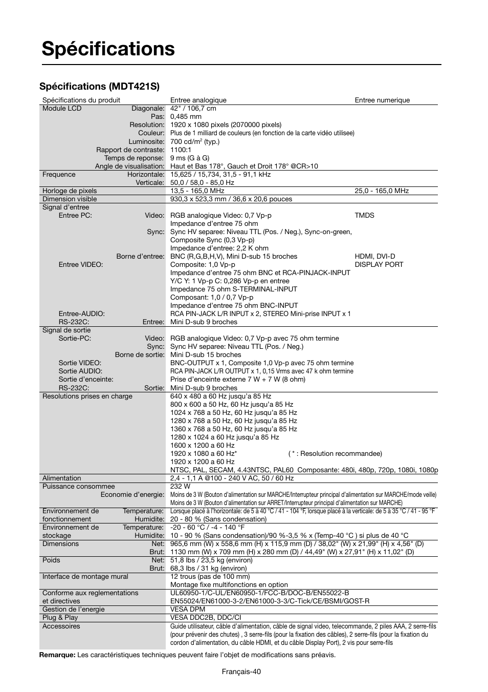 Spécifi cations, Spécifi cations (mdt421s) | MITSUBISHI ELECTRIC MDT421S User Manual | Page 170 / 300