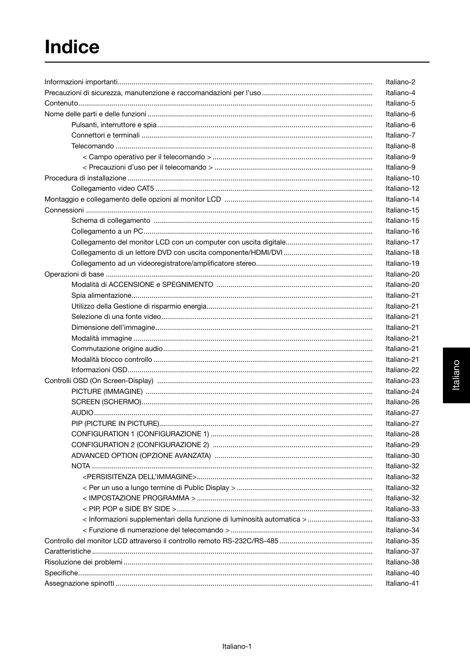 Indice, Italiano | MITSUBISHI ELECTRIC MDT421S User Manual | Page 173 / 300