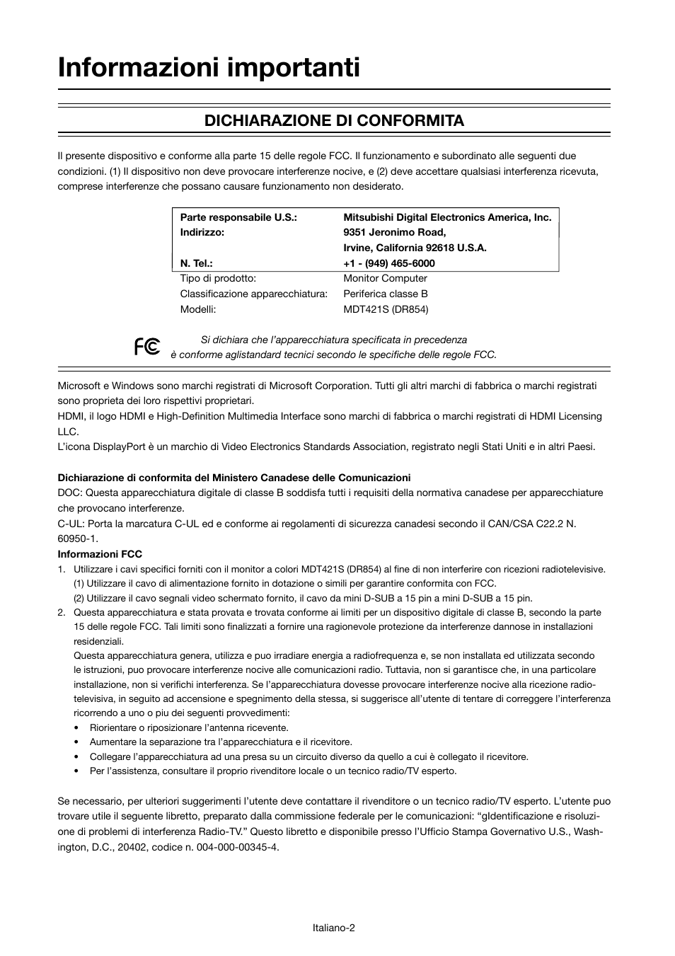 Informazioni importanti, Dichiarazione di conformita | MITSUBISHI ELECTRIC MDT421S User Manual | Page 174 / 300