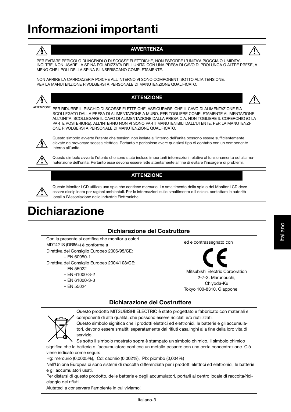 Informazioni importanti, Dichiarazione, Italiano | Dichiarazione del costruttore | MITSUBISHI ELECTRIC MDT421S User Manual | Page 175 / 300