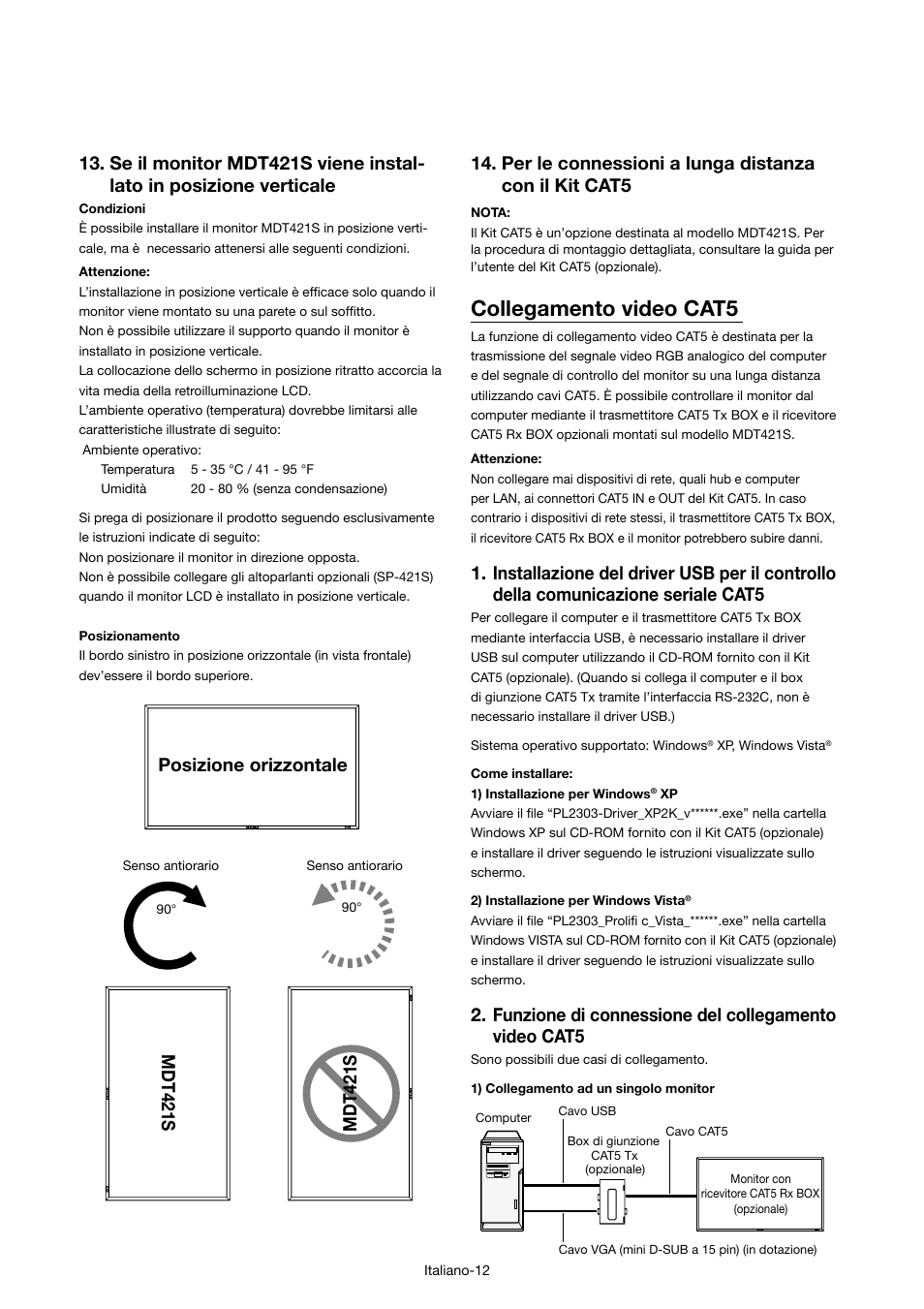 Collegamento video cat5, Mdt421s, Posizione orizzontale | MITSUBISHI ELECTRIC MDT421S User Manual | Page 184 / 300