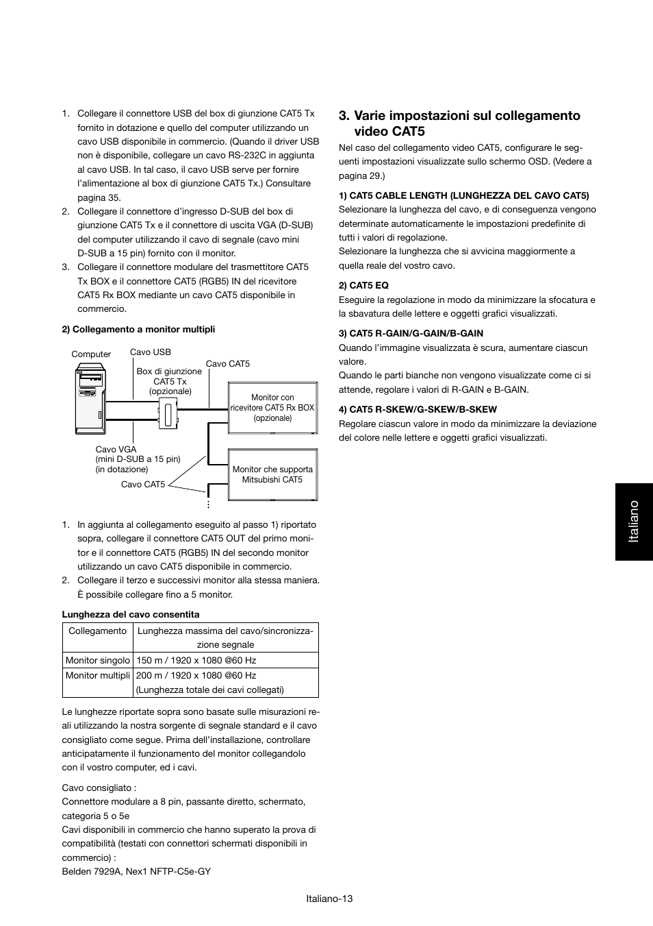 Italiano, Varie impostazioni sul collegamento video cat5 | MITSUBISHI ELECTRIC MDT421S User Manual | Page 185 / 300