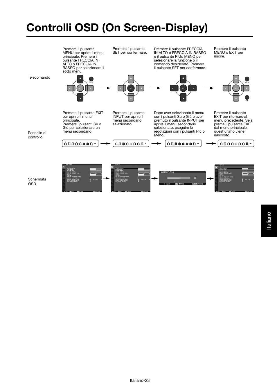 Controlli osd (on screen-display), Italiano | MITSUBISHI ELECTRIC MDT421S User Manual | Page 195 / 300