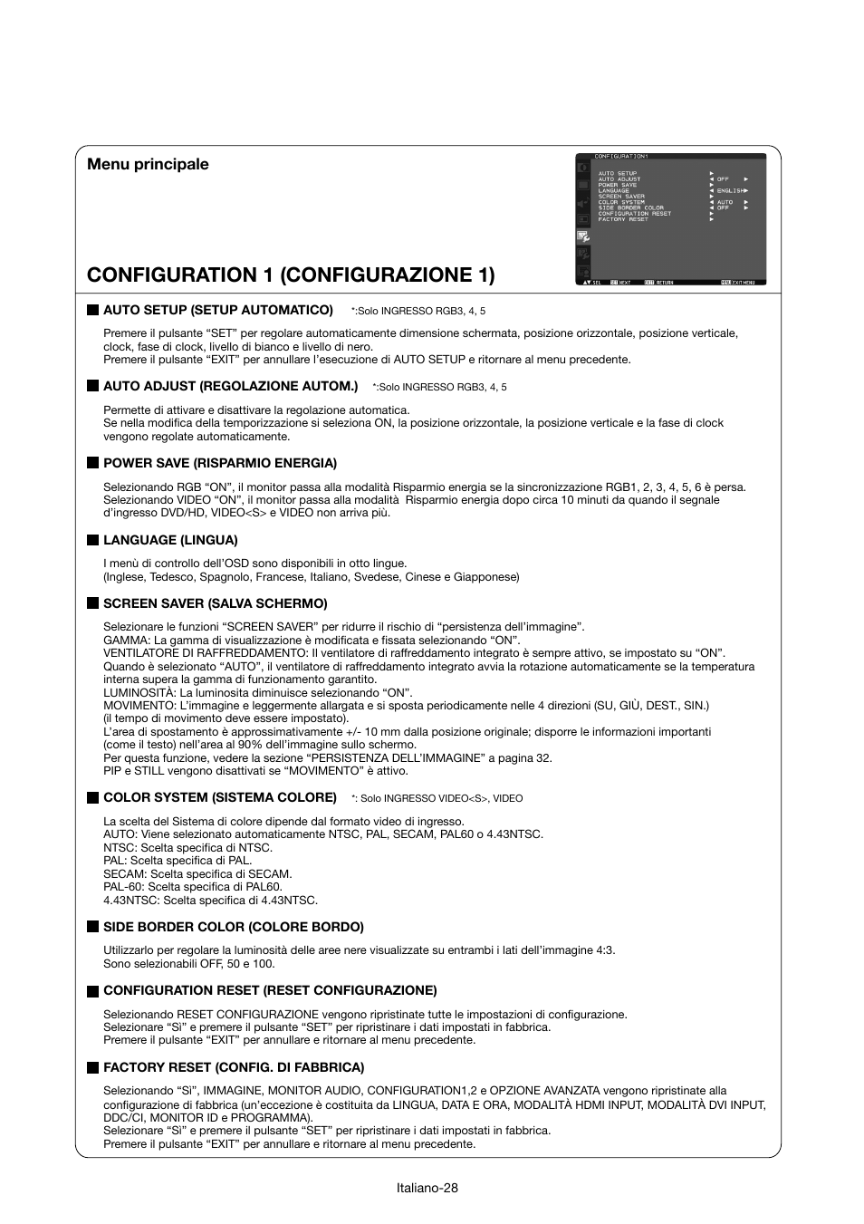 Configuration 1 (configurazione 1), Menu principale | MITSUBISHI ELECTRIC MDT421S User Manual | Page 200 / 300