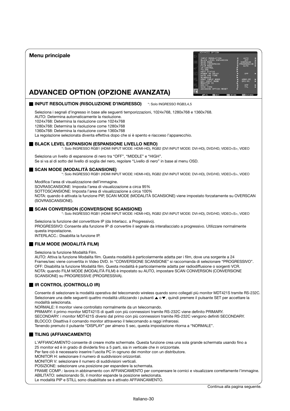 Advanced option (opzione avanzata), Menu principale | MITSUBISHI ELECTRIC MDT421S User Manual | Page 202 / 300