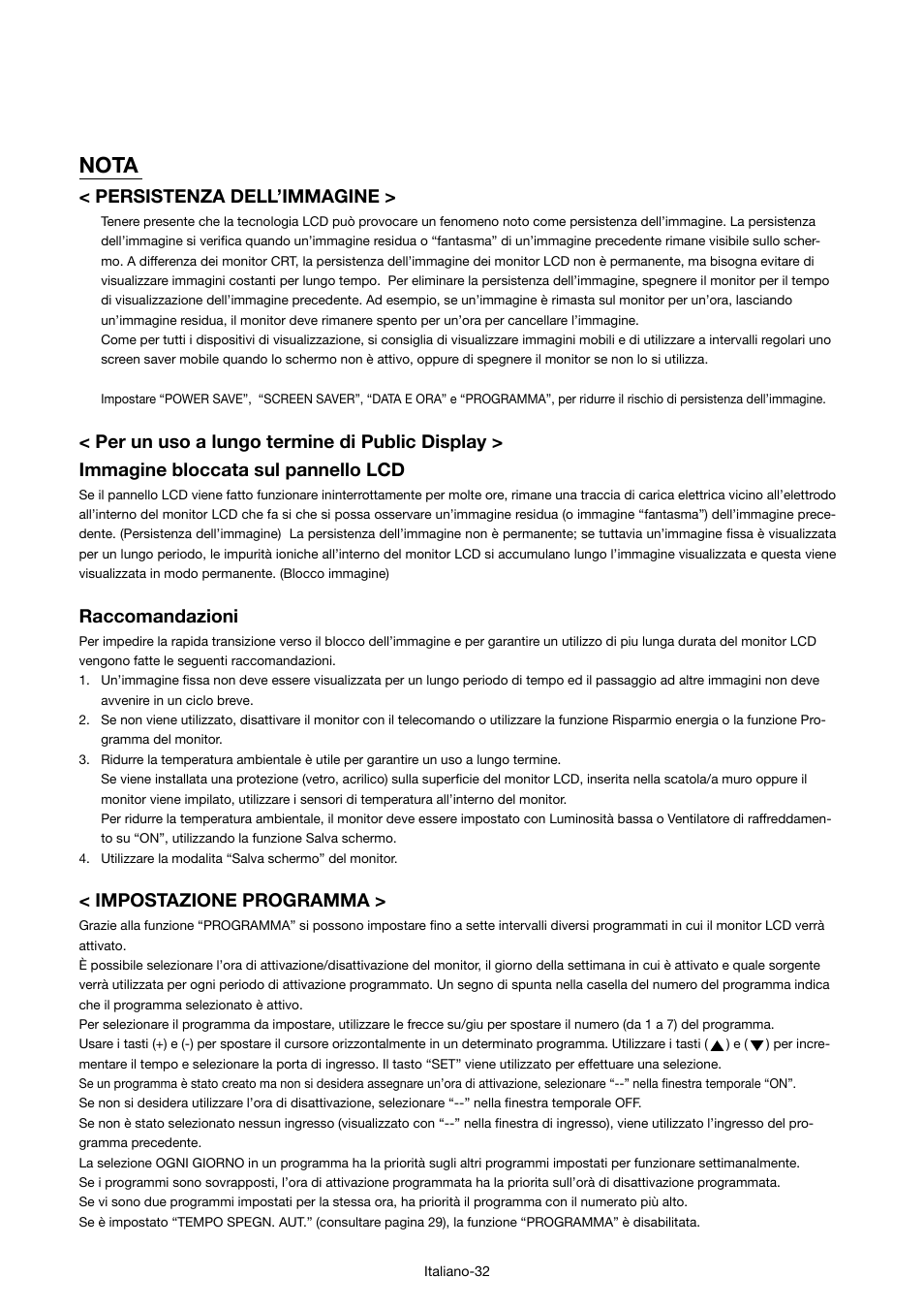 Nota, Persistenza dell’immagine, Raccomandazioni | Impostazione programma | MITSUBISHI ELECTRIC MDT421S User Manual | Page 204 / 300