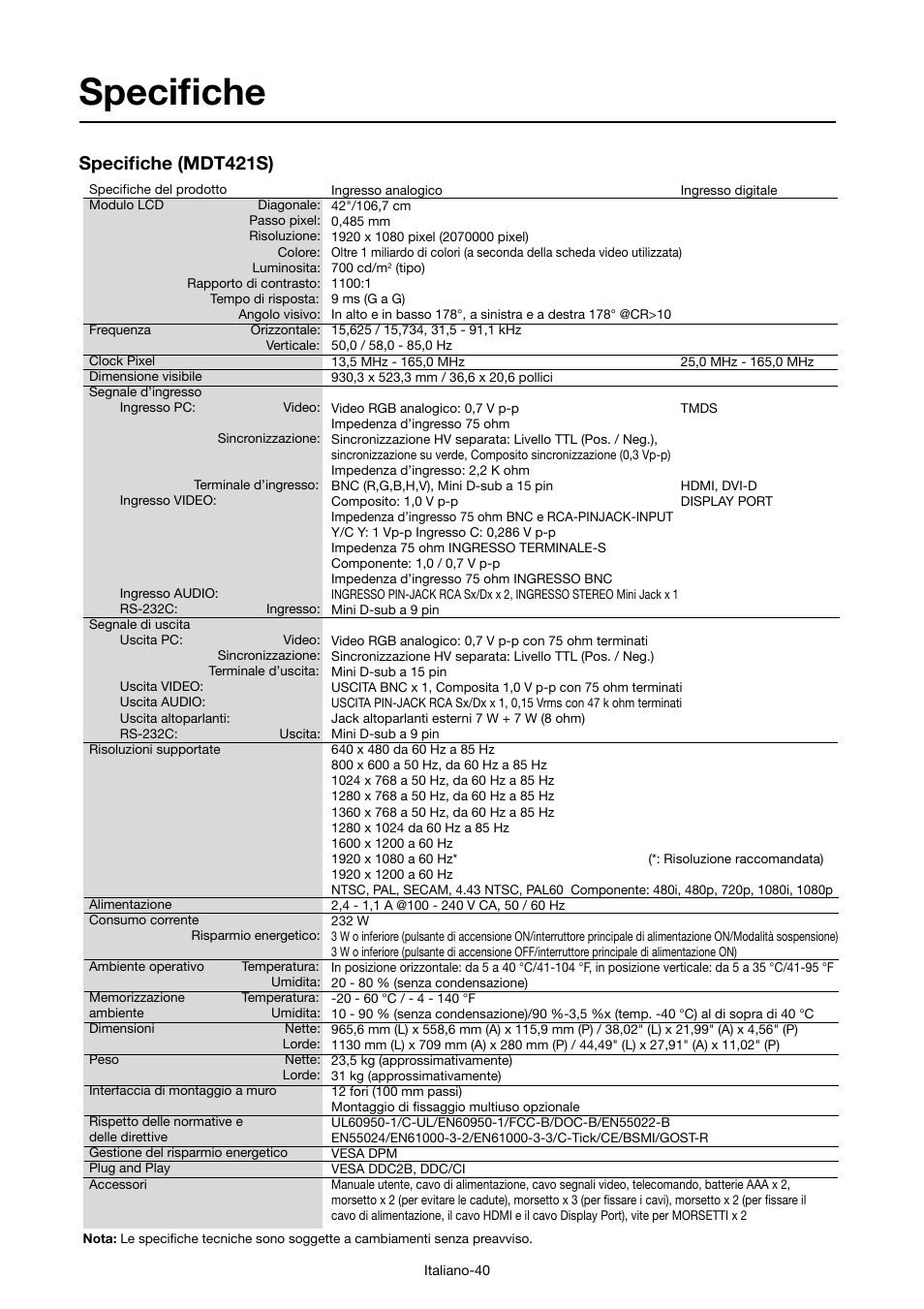 Specifi che, Specifi che (mdt421s) | MITSUBISHI ELECTRIC MDT421S User Manual | Page 212 / 300