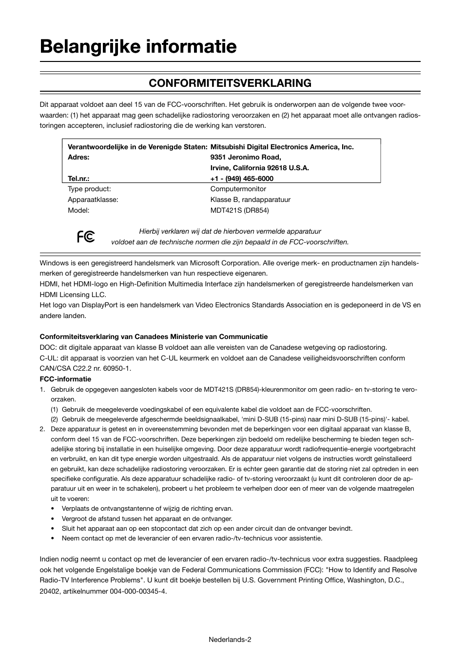 Belangrijke informatie, Conformiteitsverklaring | MITSUBISHI ELECTRIC MDT421S User Manual | Page 216 / 300