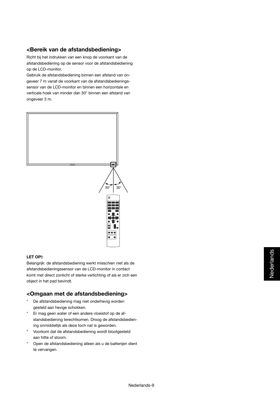 Nederlands, Bereik van de afstandsbediening, Omgaan met de afstandsbediening | MITSUBISHI ELECTRIC MDT421S User Manual | Page 223 / 300