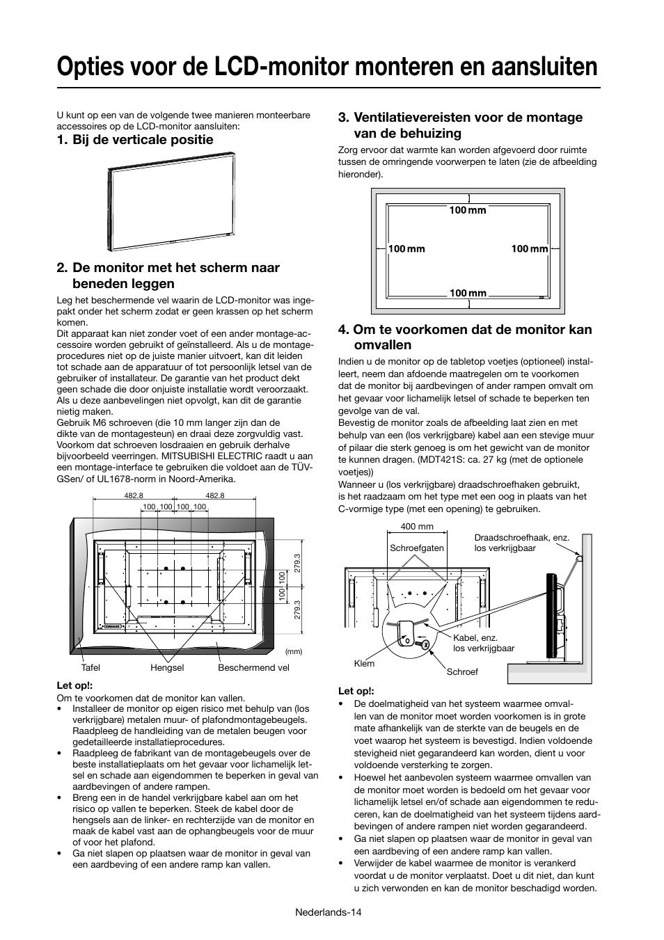 Opties voor de lcd-monitor monteren en aansluiten, Om te voorkomen dat de monitor kan omvallen | MITSUBISHI ELECTRIC MDT421S User Manual | Page 228 / 300