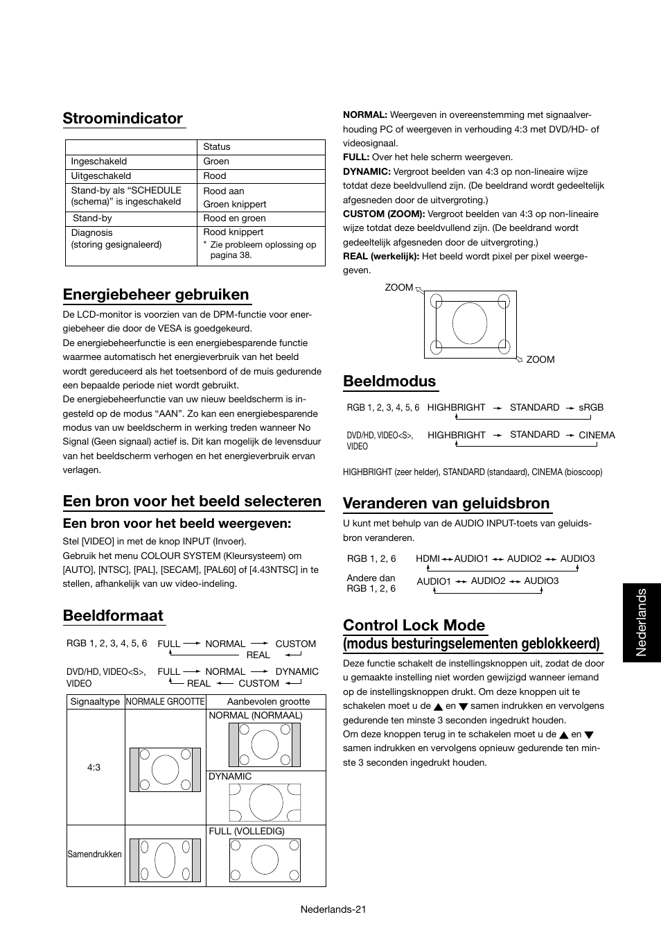 Stroomindicator, Energiebeheer gebruiken, Een bron voor het beeld selecteren | Beeldformaat, Beeldmodus, Veranderen van geluidsbron, Nederlands, Een bron voor het beeld weergeven | MITSUBISHI ELECTRIC MDT421S User Manual | Page 235 / 300